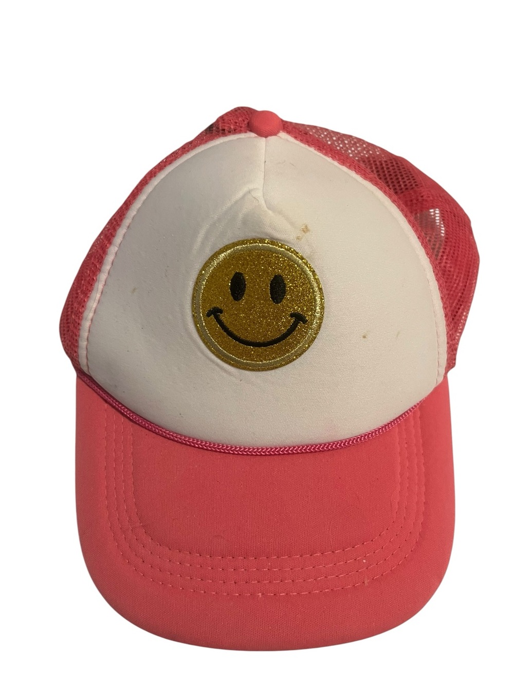 Pink and White Glitter Smiley Face Trucker Hat